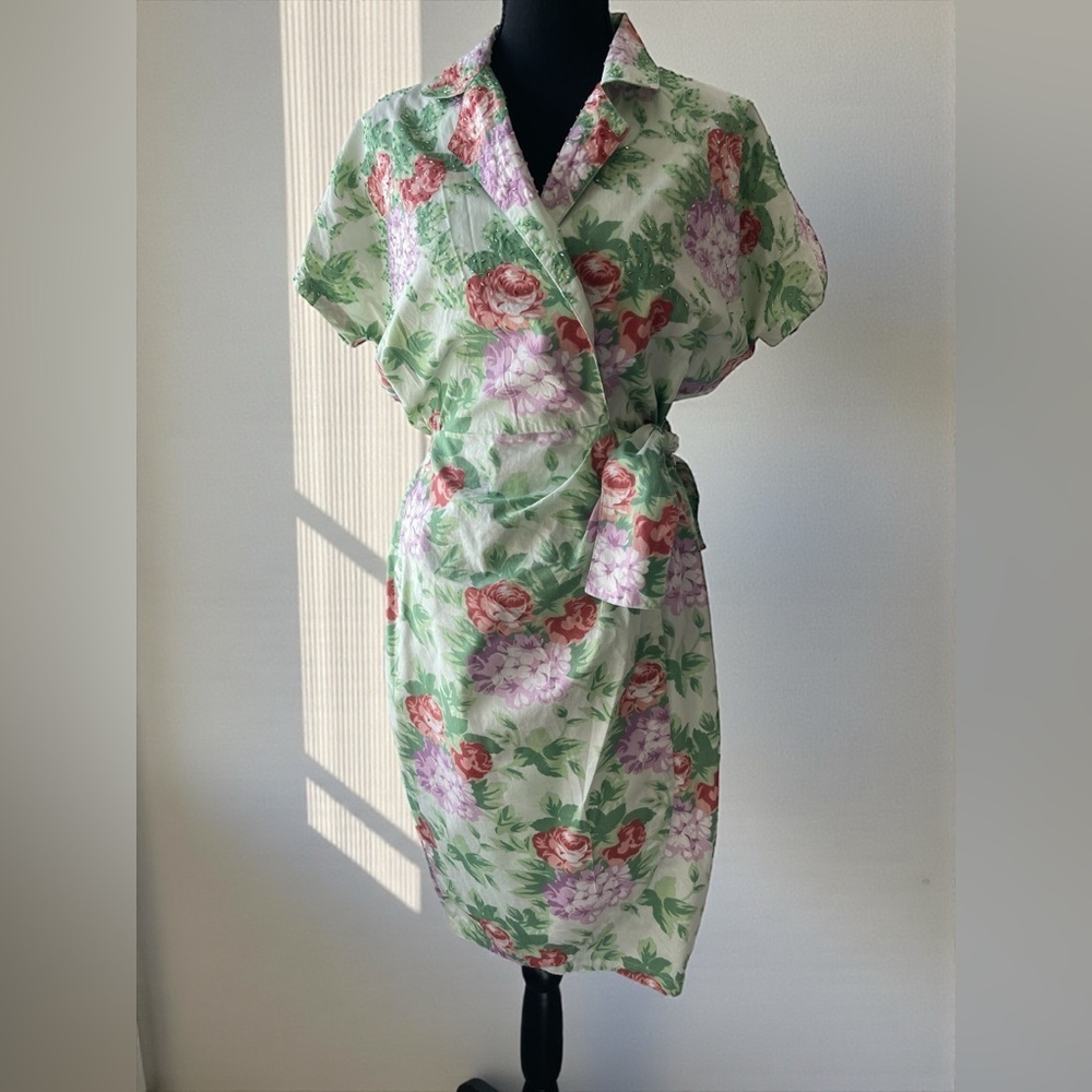 Vintage Susan Macy Floral Cotton Wrap Dress Cottagecore Midi Womens M